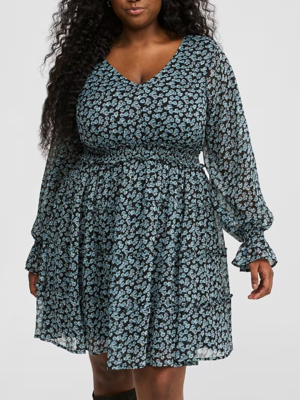 NEW NWT TORRID 0 Plus Size Mini Lurex Chiffon Tiered Dress Black Blue Floral